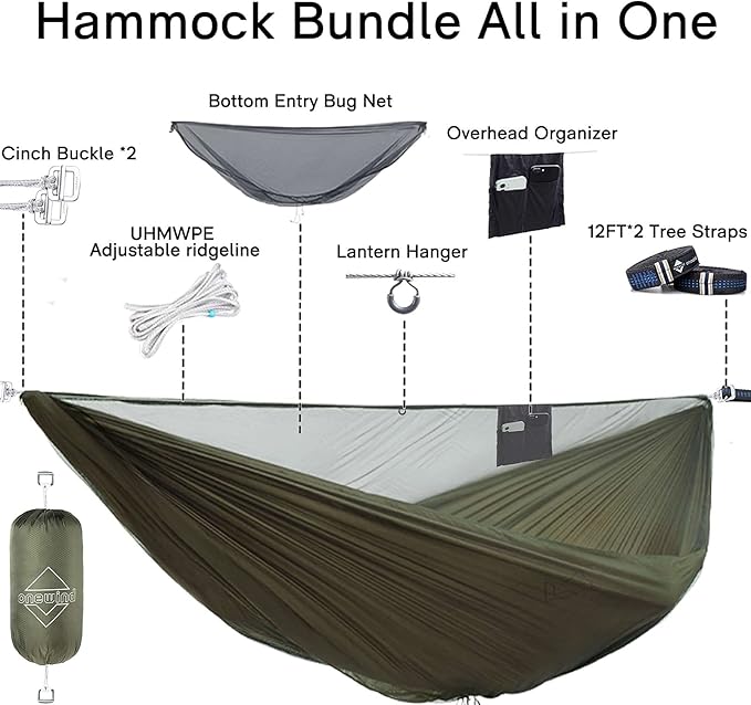 onewind 12Ft Camping Hammock with Mosquito Net, Ridgeline Double Hammock Portable Lightweight Large Hammock Ripstop Nylon Durable with 2 * 12Ft Tree Straps for Camping Hiking Backpacking, OD Green