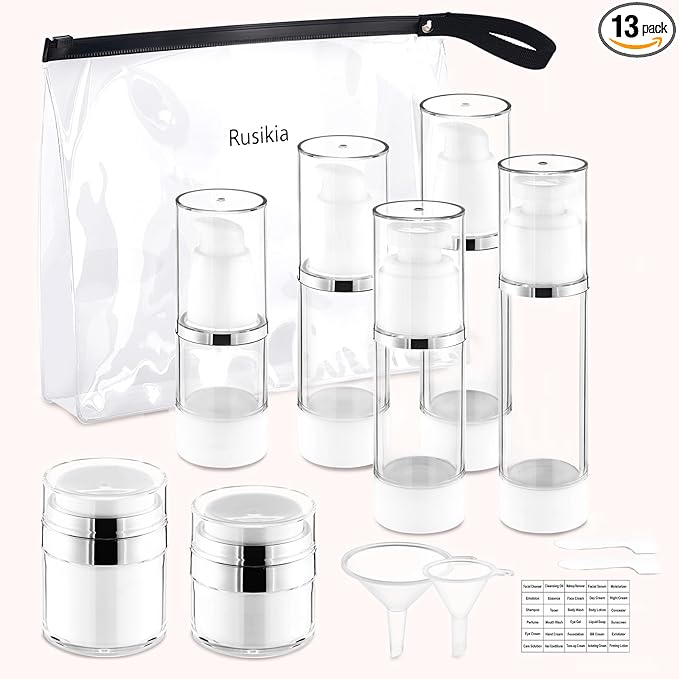 13 Pack Travel Size Containers, 1.7/1/0.5oz Clear Airless Pump Bottles, Makeup Containers, TSA Approved Skincare Empty Travel Bottles Leak Proof Refillable Jars for Toiletries, Lotion, Liquid, Cream