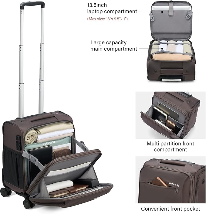 Hanke 16 Inch Underseat Carry On Luggage with Wheels Small Suitcase Softside Luggage Bags for Travel Lightweight Suitcases with Wheels Travel Luggage Personal Item for Men and Women.(Coffee)