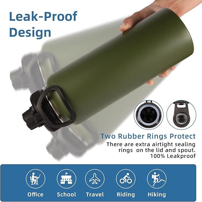 Volhoply 40 oz Insulated Water Bottles Paracord Handle, Stainless Steel Sports Bottle with Spout Lid, Reusable Double Walled Vacuum Metal Travel Cups with Wide Mouth for Adults (Army Green, 1 Set)