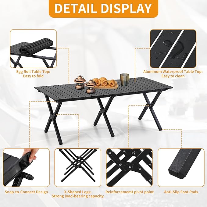 BOOSDEN Aluminum Folding Camping Table, Portable Foldable Picnic Table, Outdoor Lightweight Roll-up Camping Table, Collapsible Camp Table for Beach,Party, Patio, BBQ, Travel, Backyard