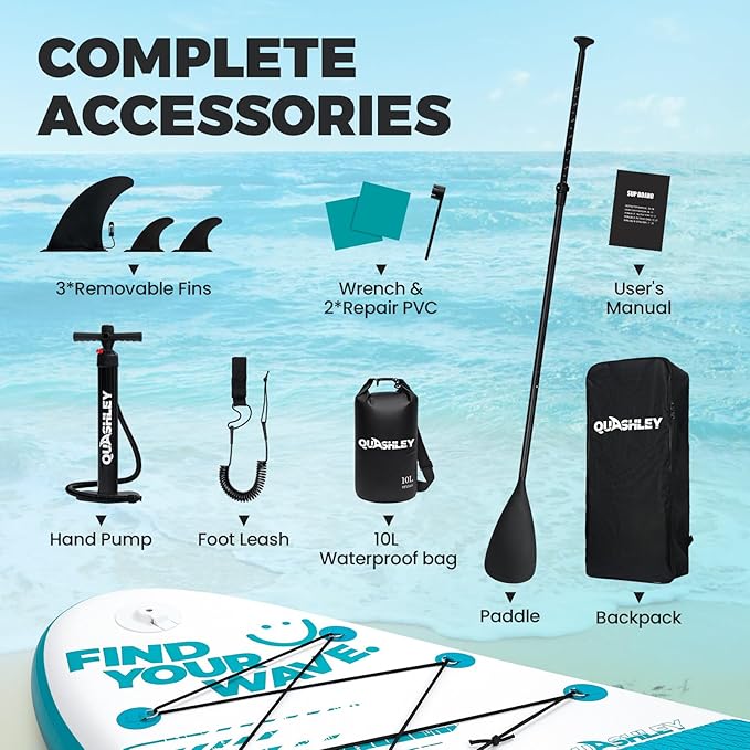 Quashley Inflatable Stand Up Paddle Board,10-11ft Inflatable Paddleboards 32/34 Inch Wide,All Around SUP for Beginners with Lightweight Paddle,Hand Pump,Backpack,Leash,Durable & Portable iSUP Board