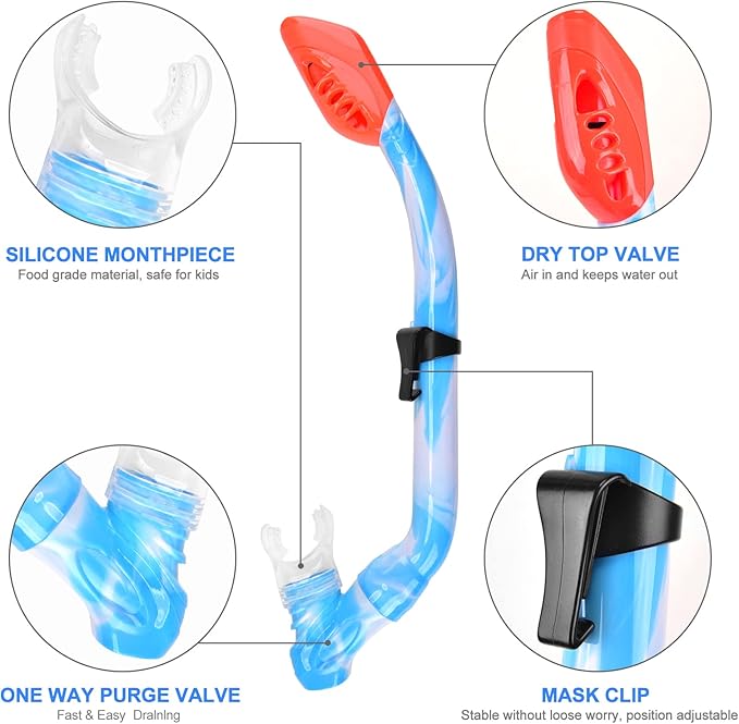 Kids Snorkel Set Dry Top Snorkeling Gear for Kids Youth Boys Girls Junior Age 5-15,Tempered Glass Swimming Diving Mask and Snorkel Set 180 Degree Panoramic View