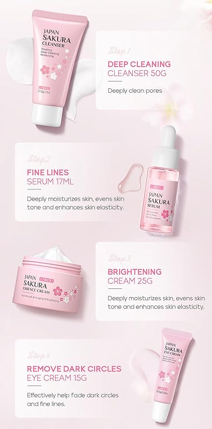 Skin Care Kit Cherry Blossom Korean Skincare Set for Teen Girls & Women Travel Sizes Hydrating Cleanser, Anti-Aging Serum, Moisturizer, Eye Cream - Radiant Gentle Skin Cleaning Mini Holiday Gift (4PC)