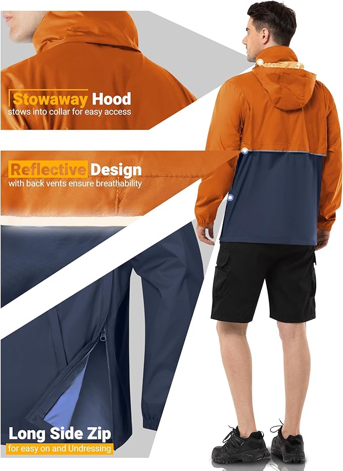 Outdoor Ventures Men's Rain Jacket Waterproof Lightweight Packable Rain Pullover for Hiking Golf Running