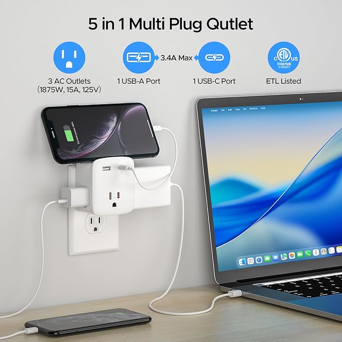 2 Pack Cruise Ship Approved Outlet Extender, Non Surge Protector Power Strip with 3 AC Outlets & 2 USB (1 USB-C), Multi Plug Adapter, Travel Cruise Essentials, ETL Listed.