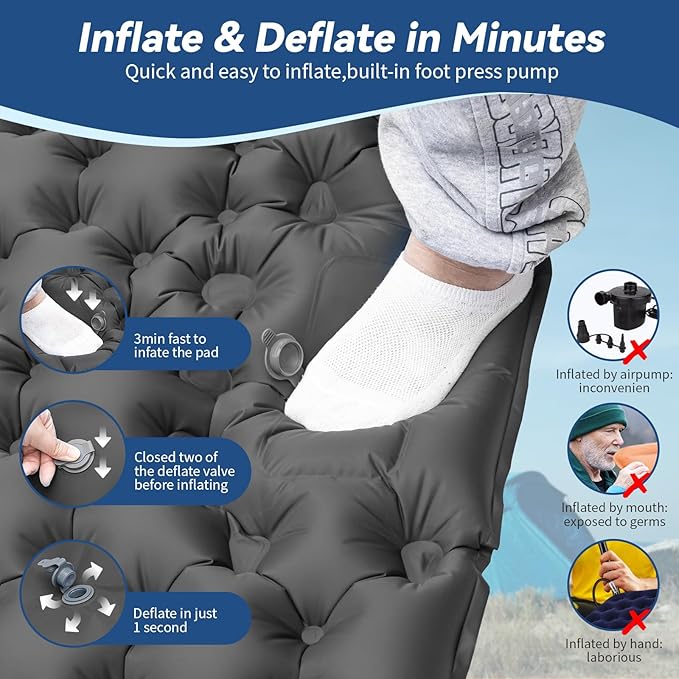 HiiPeak Double Sleeping Pad - Self Inflating 4" Extra-Thick for 2 Person with Pillow Built-in Foot Pump Inflatable Sleeping Mat for Backpacking, Hiking, Traveling, Tent, Portable Camping Mat