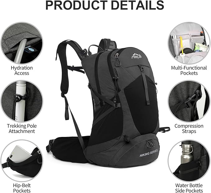 Hiking Backpack, Waterproof Hiking Daypack with 3L Water Bladder and Rain Cover, Lightweight Travel Camping Backpack for Men Women (Black)