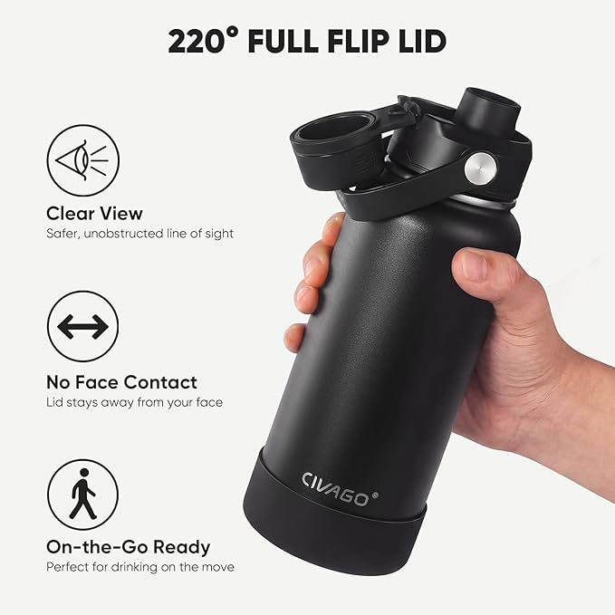 CIVAGO 40 oz Insulated Stainless Steel Water Bottle with Detachable Straw, Large Metal Water Jug with Bucket Handle, Leakproof Sports Water Flask with Silicone Boot for School, Dishwasher Safe, Navy