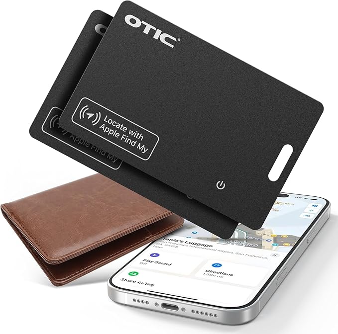 OTIC Wallet Tracker Card, Ultra-Thin 1.7MM Rechargeable Finder, Works with Apple Find My (iOS Only), Item Locator for Luggage Tags, Passports, Phone, IP67 Waterproof, (2-Pack)