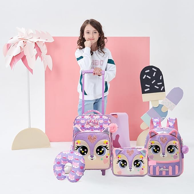 Kids Carry On Luggage with Wheels Softside Kids Suitcase for Girls Airline Approved & Girls Multi-function Carry Bag 4pcs Set