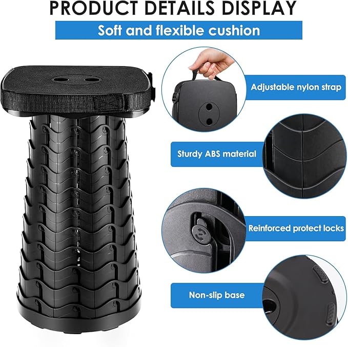 Collapsible Stool - Lightweight Folding Stool, 485lbs Capacity, Portable for Adults, Camping, Fishing, Hiking, Outdoor, Travel