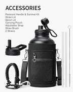 64oz Insulated Water Bottle,Half Gallon Water Flask Stainless Steel Vacuum, Cold for 48 Hrs,BPA-Free & Leakproof -with Paracord Handle,Strap,Straw Spout Lids,Large Jug for Gym Sports,Black