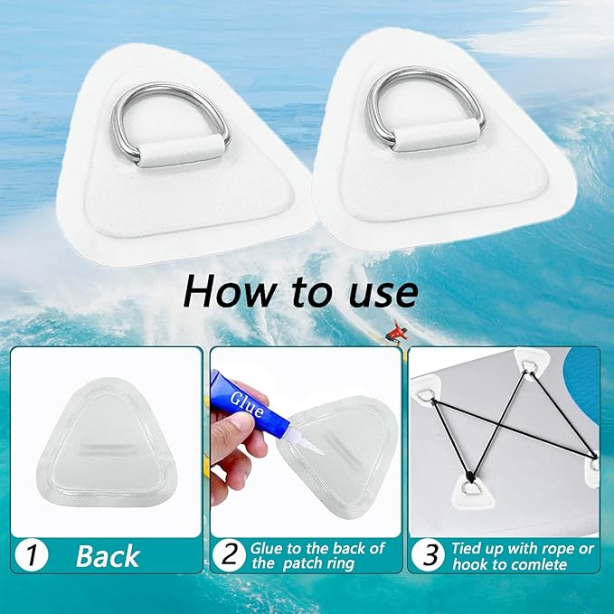 4 Pack Stainless Steel D-Ring Triangle Patch with 2.5m Black Bungee Cord,4Pcs Cord Hooks for PVC Inflatable Boat SUP Kayak Canoe Deck Accessories-White