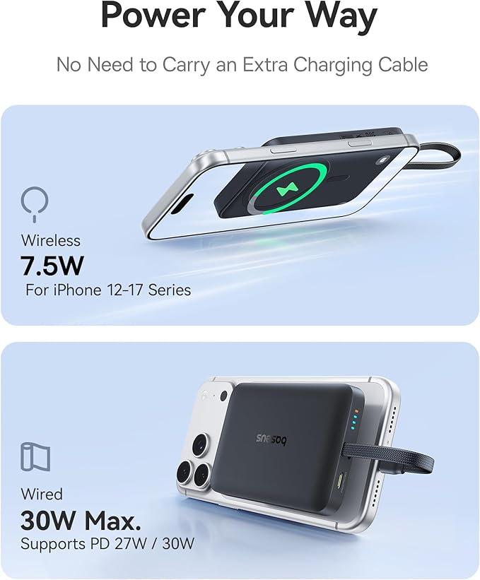 Baseus 45W Ultra Slim 10000mAh Power Bank Built-in USB-C Cables Bundle with 10,000mAh 30W Magnetic Portable Charger, Fast Charging Wireless Battery Pack with Built-in Braided USB-C Cable
