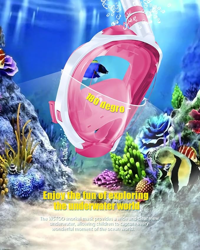W WSTOO Kids Full Face Snorkel Masks,Suitable for Beginners Dry Top Snorkeling Gear,Can Your Mouth or Nose to Breathe,180 Degrees Panoramic View,Anti-Fog Anti-Leak,Summer Travel and Vacationing Gifts