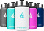 HYDRO CELL Stainless Steel Sport Water Bottle with Straw - Keeps Drinks Cold & Hot via a Leak Proof Metal Triple Insulated Vacuum Flask for All Sports and Outdoors Activities (White 14oz)