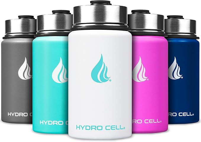 HYDRO CELL Stainless Steel Sport Water Bottle with Straw - Keeps Drinks Cold & Hot via a Leak Proof Metal Triple Insulated Vacuum Flask for All Sports and Outdoors Activities (White 14oz)