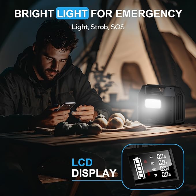 SinKeu Portable Power Station, 256Wh LiFePO4 Battery, 300W Solar Generator for Home Use, Power Bank with AC Outlets Pure Sine Wave for Camping, RV, Emergency Backup