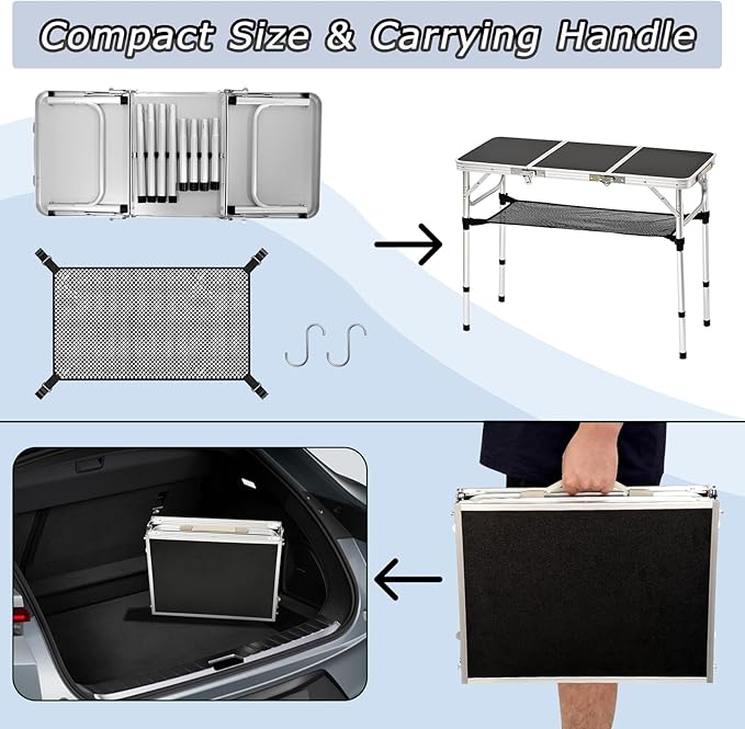 Tri-fold Folding Picnic Table, 3ft Camping Table Lightweight Portable Aluminum Outdoor Table with Adjustable Heights for Backyard BBQ Party