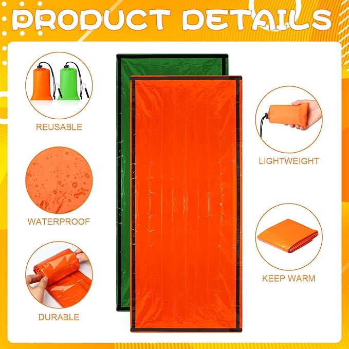 Qunclay 12 Set Emergency Sleeping Bag Survival Bivvy Sack Blanket with Whistles Lightweight Portable Thermal Survival Bag Thick Tent with Hood Extension Nylon Stuff Sack