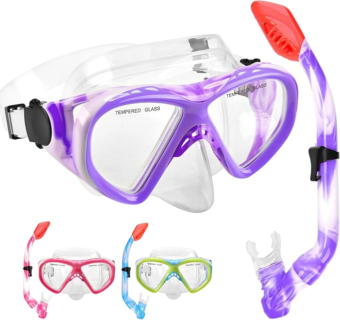 Kids Snorkel Set Dry Top Snorkeling Gear for Kids Youth Boys Girls Junior Age 5-15,Tempered Glass Swimming Diving Mask and Snorkel Set 180 Degree Panoramic View