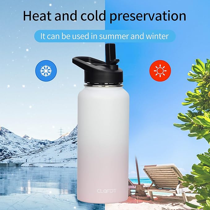 32oz Vacuum Insulated Stainless Steel Water Bottles with Straw & Spout Lids, Double Wall Sport Bottle, Sweat-Proof BPA Free, Canteen Metal Thermo Mug Hydro Cup Jug (Dreamy Pink)