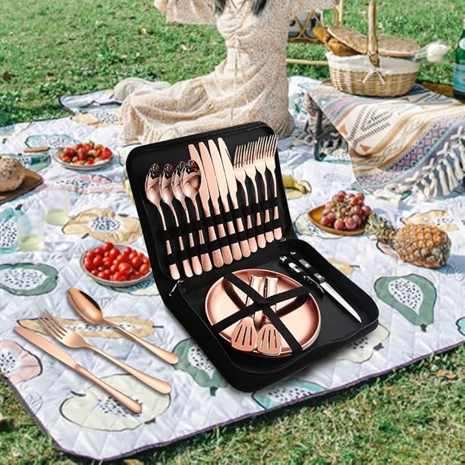 Picnic Tableware Set Camping Flatware Copper/Rose Gold Silverware and Plates Kit for 4 Portable Utensils Stainless Steel Dishes Spoons Forks Knives Bottle Opener Food Tongs