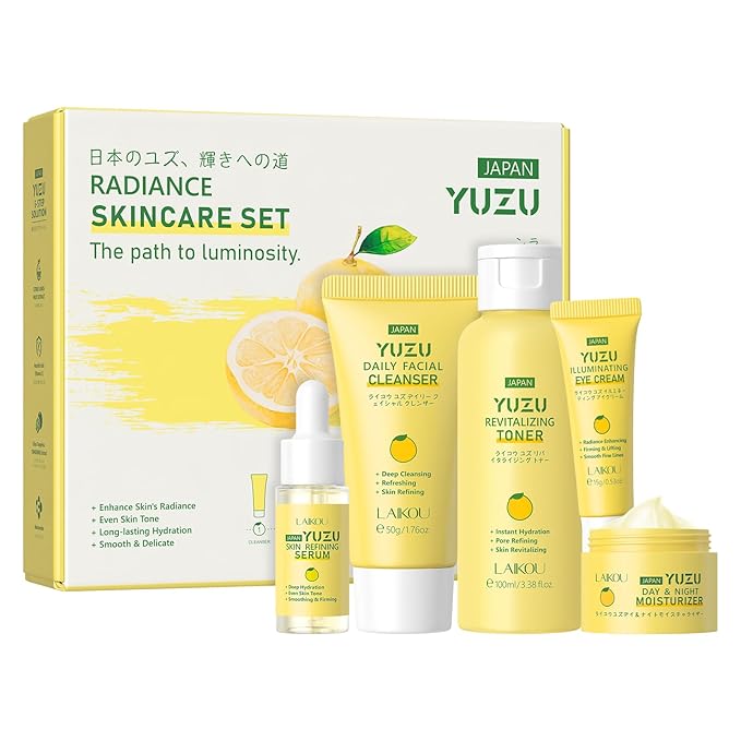 LAIKOU YUZU Skin Care, Skin Care Set with Serum, Cleanser, Toner, Eye Cream, Day & Night Moisturizer for Women Teen Girls Mom Daughter Mother's Day Christmas Birthday Beginner Kit TSA-friendly 5pcs