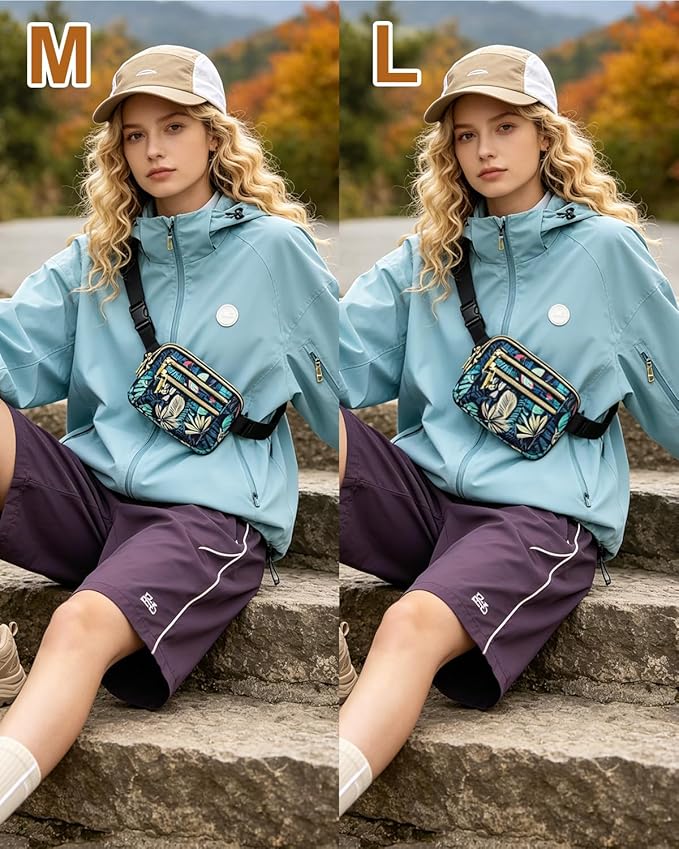 Capolo Fanny Packs for Women Fashion Waist Packs Bag with Adjustable Strap and 4 Zipper Pockets Waterproof Everywhere Crossbody Belt Bag for Workout Running Travelling(Blue Leaves, Large)