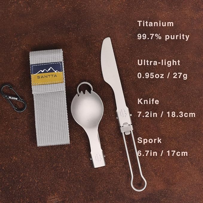 SANTTA Portable Titanium Foldable Eating Utensils with Pouch and Carabiner for Backpacking, Hiking, Camping and Traveling