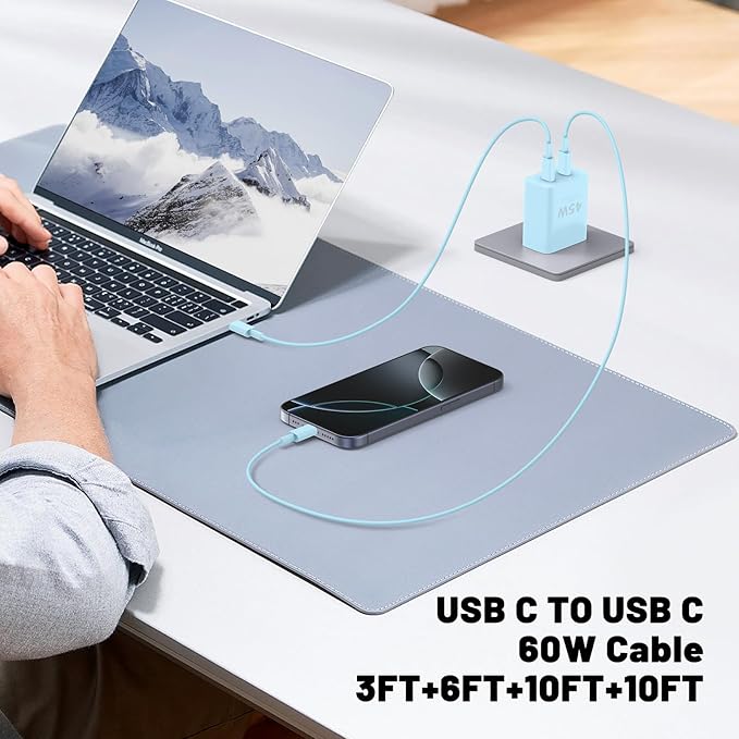 QZIIW iPhone 16 15 Pro Max Charger Fast Charging,45W Dual Port USB C Fast Charger Block [2-Pack] & Extra Long 60W 3/6/10/10FT USB C Cable - PD Quick Adapter 3.0 for iPhone 16 15/16 15Pro/16 15 Plus.