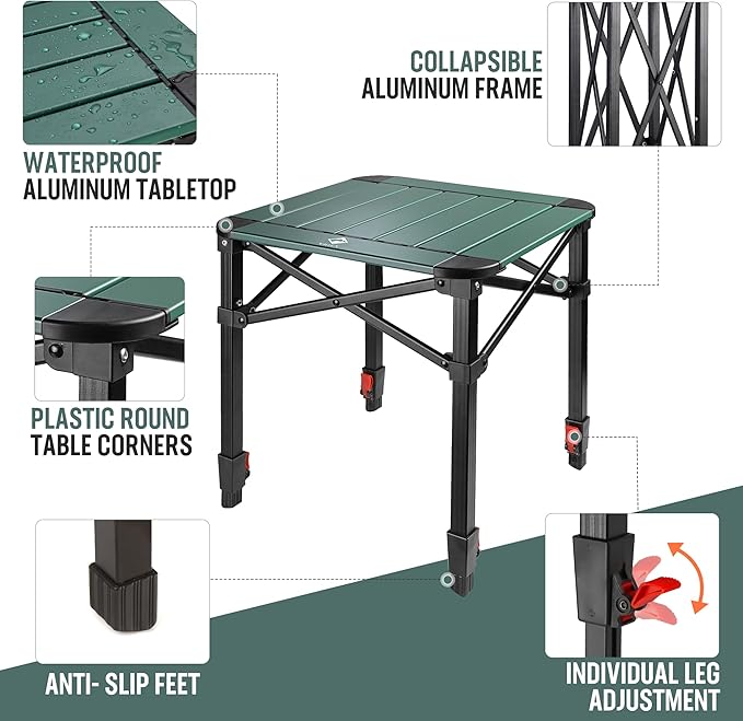 VILLEY Folding Camping Square Table with Carry Bag, Lightweight Aluminum Adjustable Square Table for Outdoor, Camping, Picnic, Backyards, BBQ, Medium