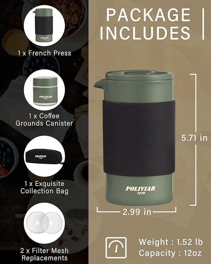 POLIVIAR French Press Coffee Maker, 12 oz Portable French Press with Mini Canister and Collection Bag, Double Wall Insulation & Dual- Filter Screen, Food Grade Stainless Steel for Coffee