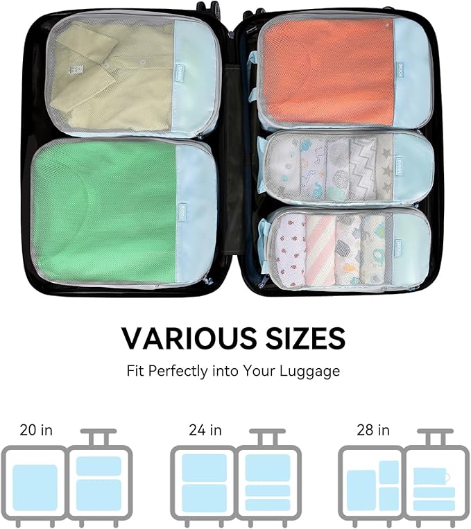 Voova 6 Set Compression Packing Cubes, Travel Accessories Expandable Packing Organizer Bags Set for Carry on Suitcase, Durable Luggage Packing Cubes for Travel Essentials, Blue