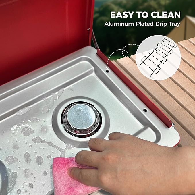 CAMPLUX Safari 2 Burner Propane Camping Stove 20,000 BTU, Portable 2 Burner Propane Camping Grill Stove with Foldable Legs, Push-Button Ignition, CSA Certified Regulator & Hose for Outdoor Cooking