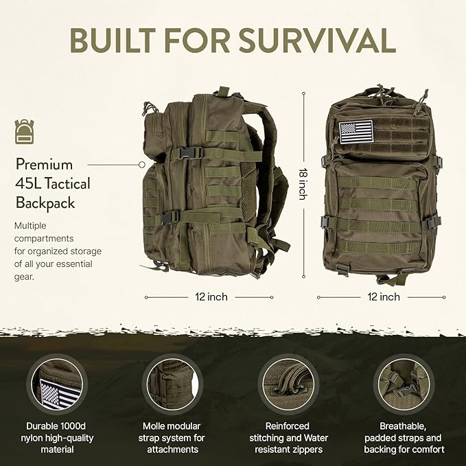 72-Hour Survival Kit | Emergency Bug Out Bag with First Aid, Water Filter, Food, Tools | 45L Tactical Backpack for Camping, Hiking, Outdoor Emergency Preparedness