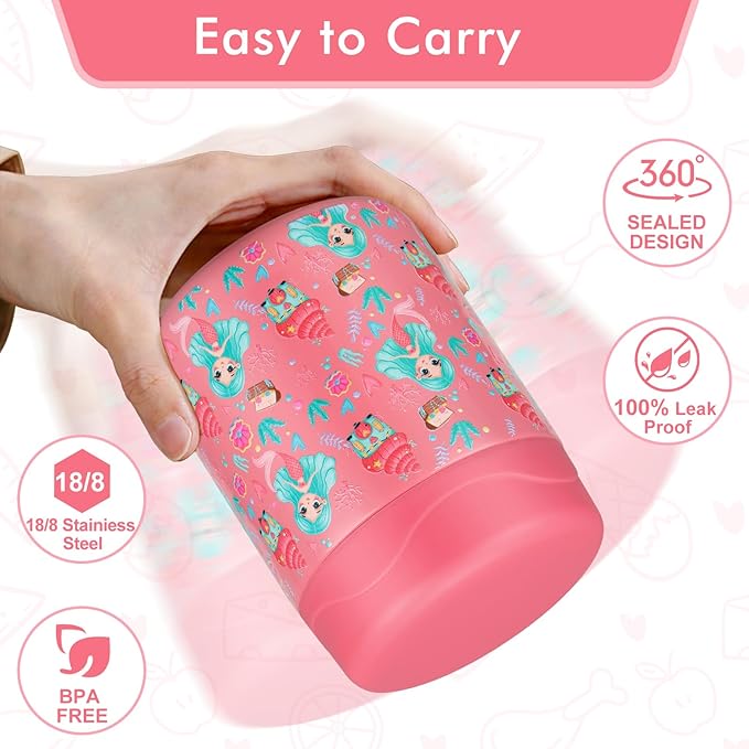 12oz Soup Thermo for Hot Food Kids Insulated Food Jar Wide Mouth Lunch Container Leak Proof Stainless Steel Vacuum Bento Box for School Office Travel Outdoors Pink-Mermaid