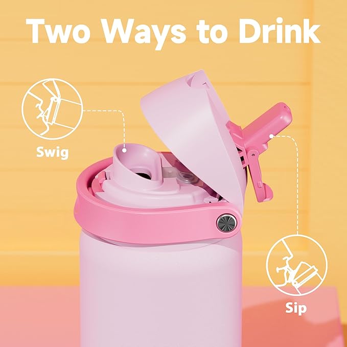 32 oz Insulated Water Bottle for Sports: Meoky Stainless Steel Water Bottle with 2-in-1 Straw and Spout Lid - Leak Proof, Cold for 24 Hours, Protective Silicone Base, BPA-Free for Women Gym, Blush