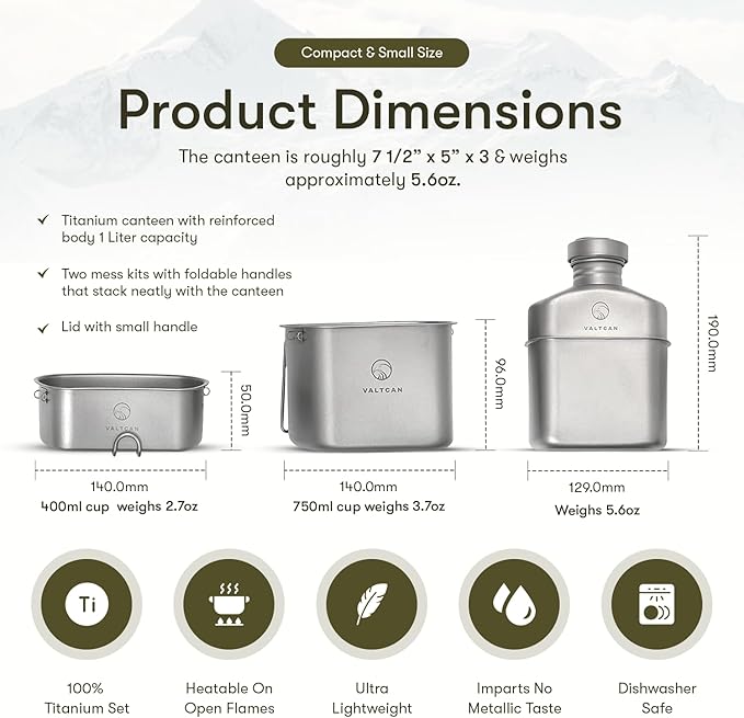 Valtcan Titanium Canteen Mess Kit 1100ml 37oz Capacity with 750ml and 400ml cookware Cups