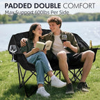 Double Camping Chair Padded Loveseat Chair for 2 Person - Heavy Duty Oversized Camping Couch for Adults Outdoor Sports Lawn Beach Portable Folding XL Chairs with Cup Holders and Carry Bag, All Black