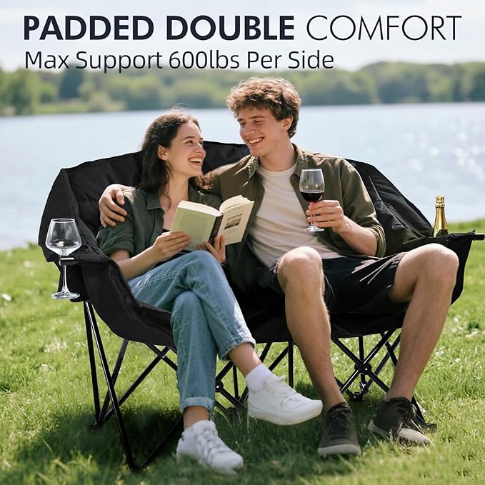 Double Camping Chair Padded Loveseat Chair for 2 Person - Heavy Duty Oversized Camping Couch for Adults Outdoor Sports Lawn Beach Portable Folding XL Chairs with Cup Holders and Carry Bag, All Black