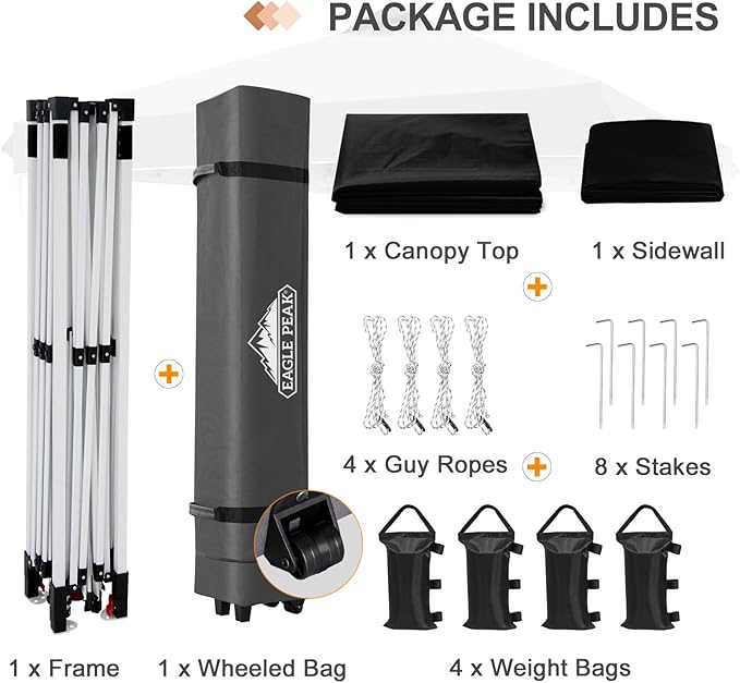 EAGLE PEAK Pop Up Canopy Tent with 1 Sidewall, Easy Setup Event Tent, Outdoor Sun Shade, Wheeled Carry Bag, Stakes and Guy Ropes, Instant Canopy 12x12, Black