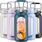 BLUEGO 64oz Water Bottle Glass with Stainless Steel Handle Large Water Bottle with Time Markers and Silicone Sleeve Half Gallon Water Jug BPA Free for Gym Daily Use, Dark Blue