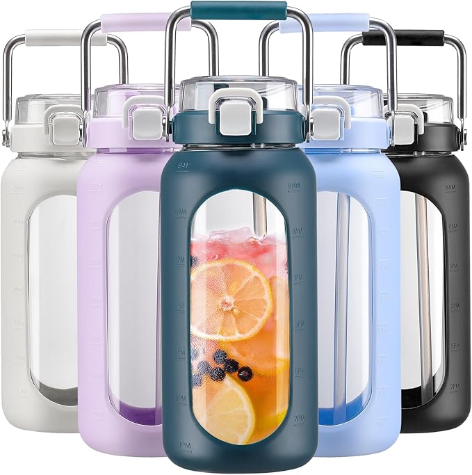 BLUEGO 64oz Water Bottle Glass with Stainless Steel Handle Large Water Bottle with Time Markers and Silicone Sleeve Half Gallon Water Jug BPA Free for Gym Daily Use, Dark Blue