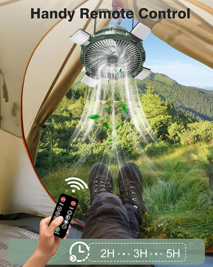 Camping Fan with LED Lantern, 8000mAh Rechargeable Battery Powered Tent Fan for Camping Hanging, Camping Outdoor Fan with Remote, 4 Speed Camping Fan for Tents,Travel,Home,Fishing,Sleep,Emergency
