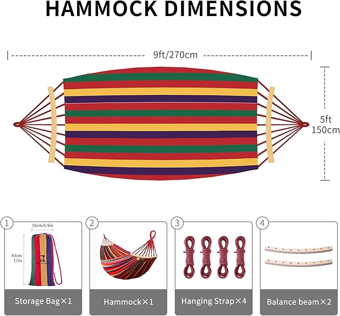 Hammock, Cotton Canvas Hammock Portable Camping Hammock with Carrying Bag Two Anti Roll Balance Beam Metal Carabiner Ropes and Tree StrapsSuit for Indoor,Yard,Camping,Outdoor-Rainbow