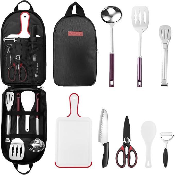Odoland 8Pcs Camping Cooking Utensils Set for Family & Adults, Kitchen Utensil with Tongs, Scissors, Cutting Board, and Water Resistant Case for Picnic, Hiking, Backpacking, Outdoor Camping
