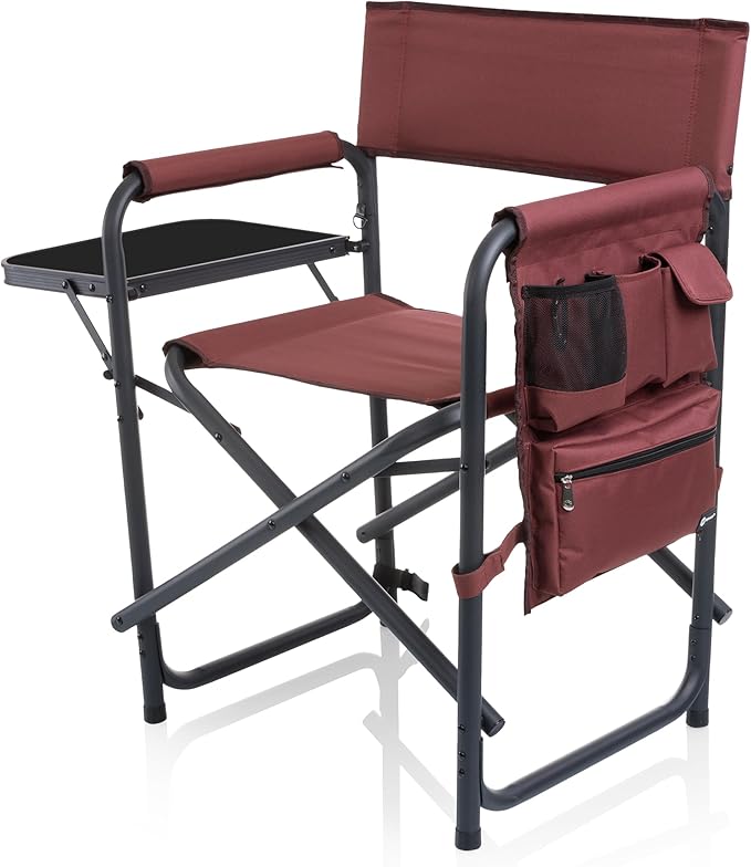 PICNIC TIME Sports Chair with Side Table, Outdoor Foldable Padded Adult Camping Chairs with Cup and Accessory Panel for Lawn, Beach, & Sports Use for Adults, up to 300-lbs Capacity, (Burgundy Red)