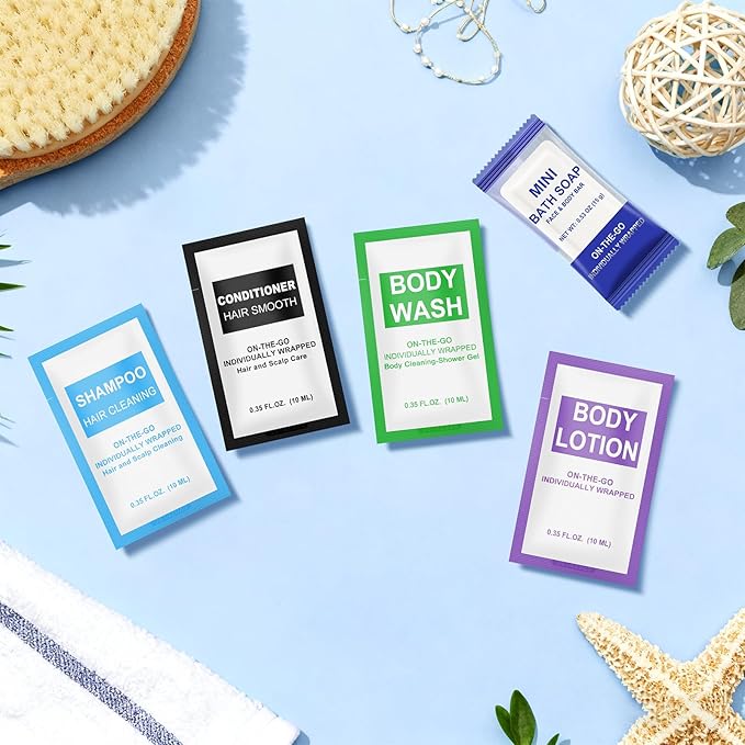 100 Pcs 5-IN-1 Hotel Soaps and Toiletries Bulk Set,5-Piece Set 0.35 oz each Packets Shampoo,Conditioner, Body Wash and Lotion,0.53 oz Soap Mini Travel Size Toiletries Supplies kit for Guests,Homeless